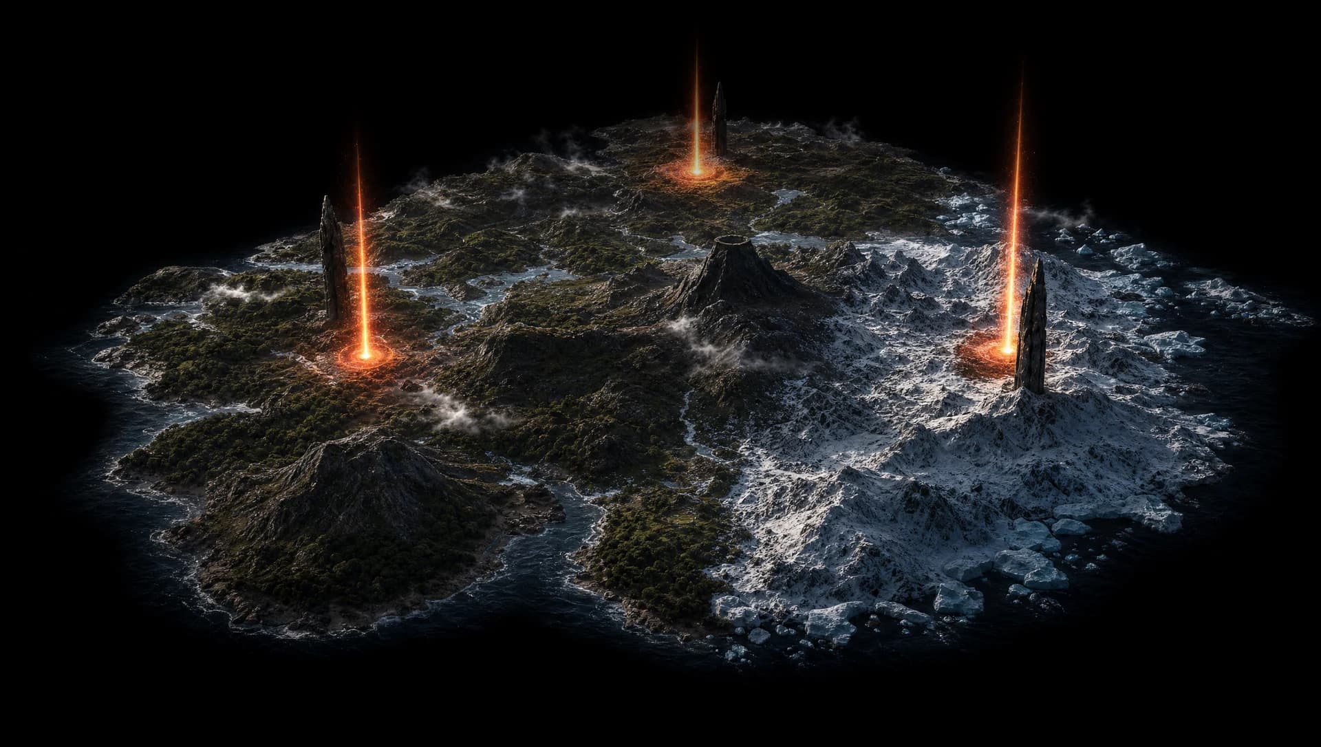 The season map with three active trophy zones beaming light into the sky